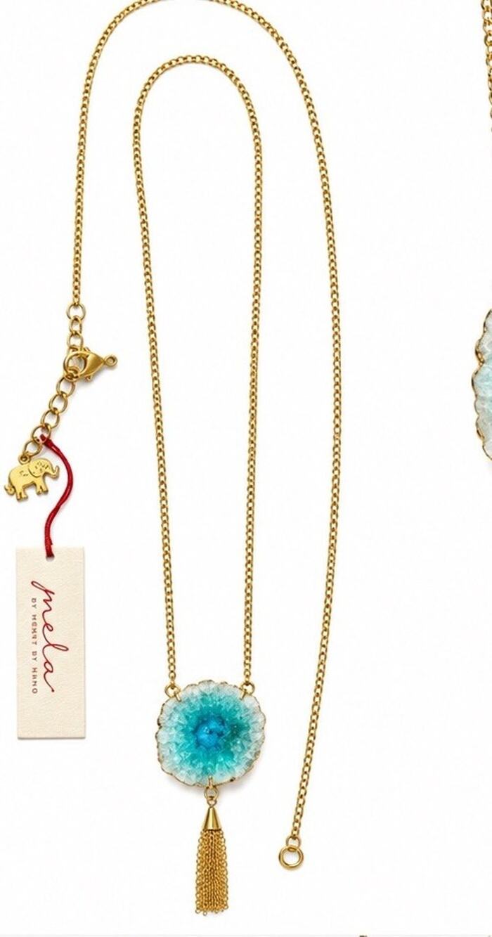MELA ARTISANS BLUE SLICE AGATE GOLD PLATED BRASS TASSEL NECKLACE NWT